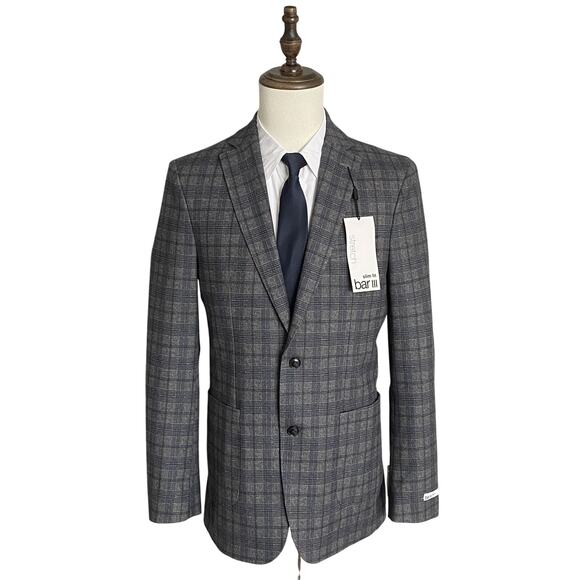 Bar III Men's 40 Long Blazer Slim Fit Stretch Grey & Blue Check NEW - Picture 1 of 11
